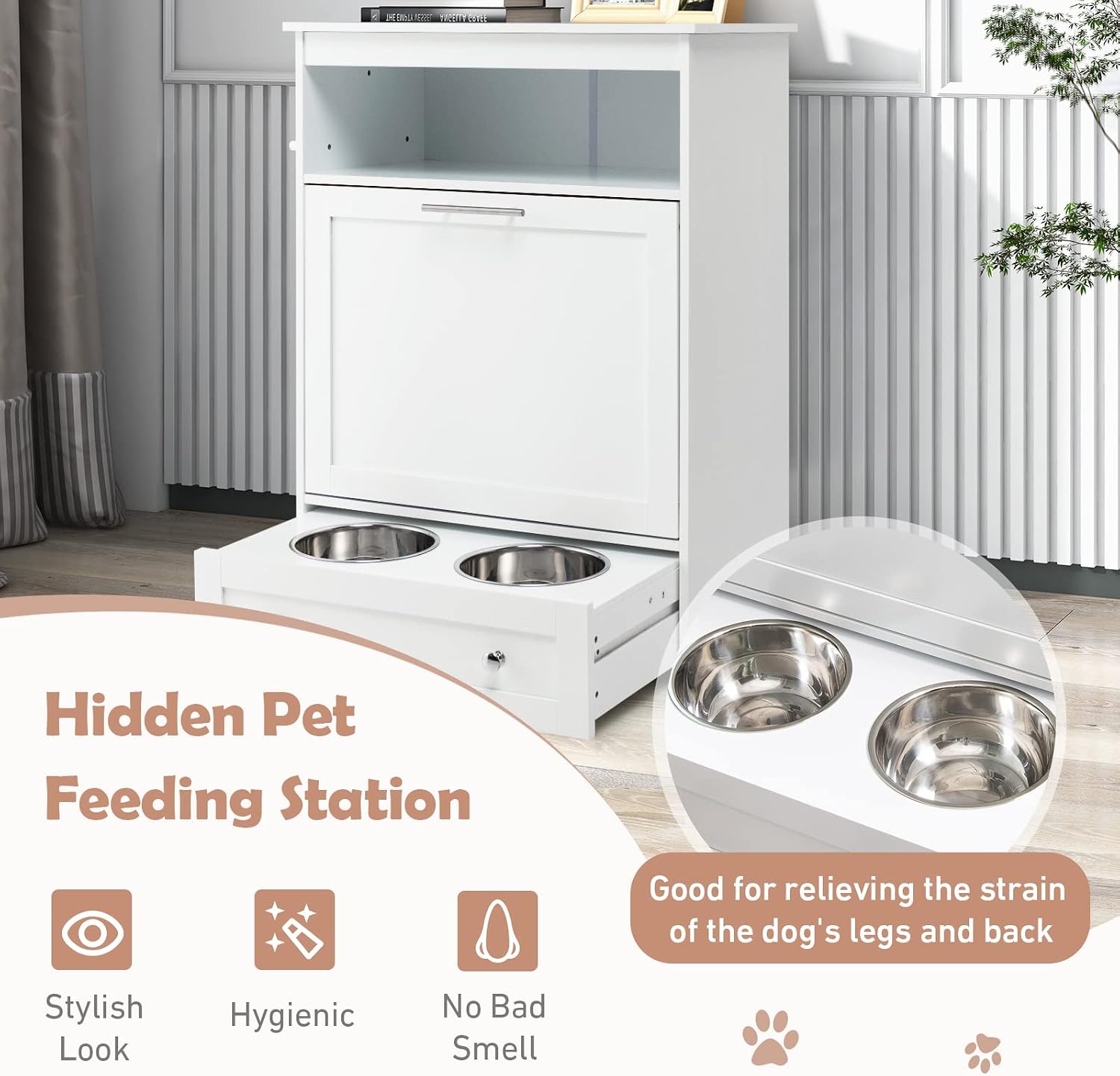 Dog Feeding Station Dogs Food Storage Cabinet Pet Feeder Container with 2 Thick 50oz Stainless Steel Raised Dog Food and Water Bowls, Pet Supply Organizer with Pet Toy Hangers, White
