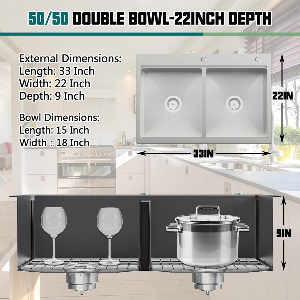50/50 Double Bowl Kitchen Workstation Sink, 33'x22' Stainless Steel Drop In Kitchen Sink Easy To Multitasking With Cutting Board,Drying Rack,Silicon Mat,Stainless Grid And Drain Assembly
