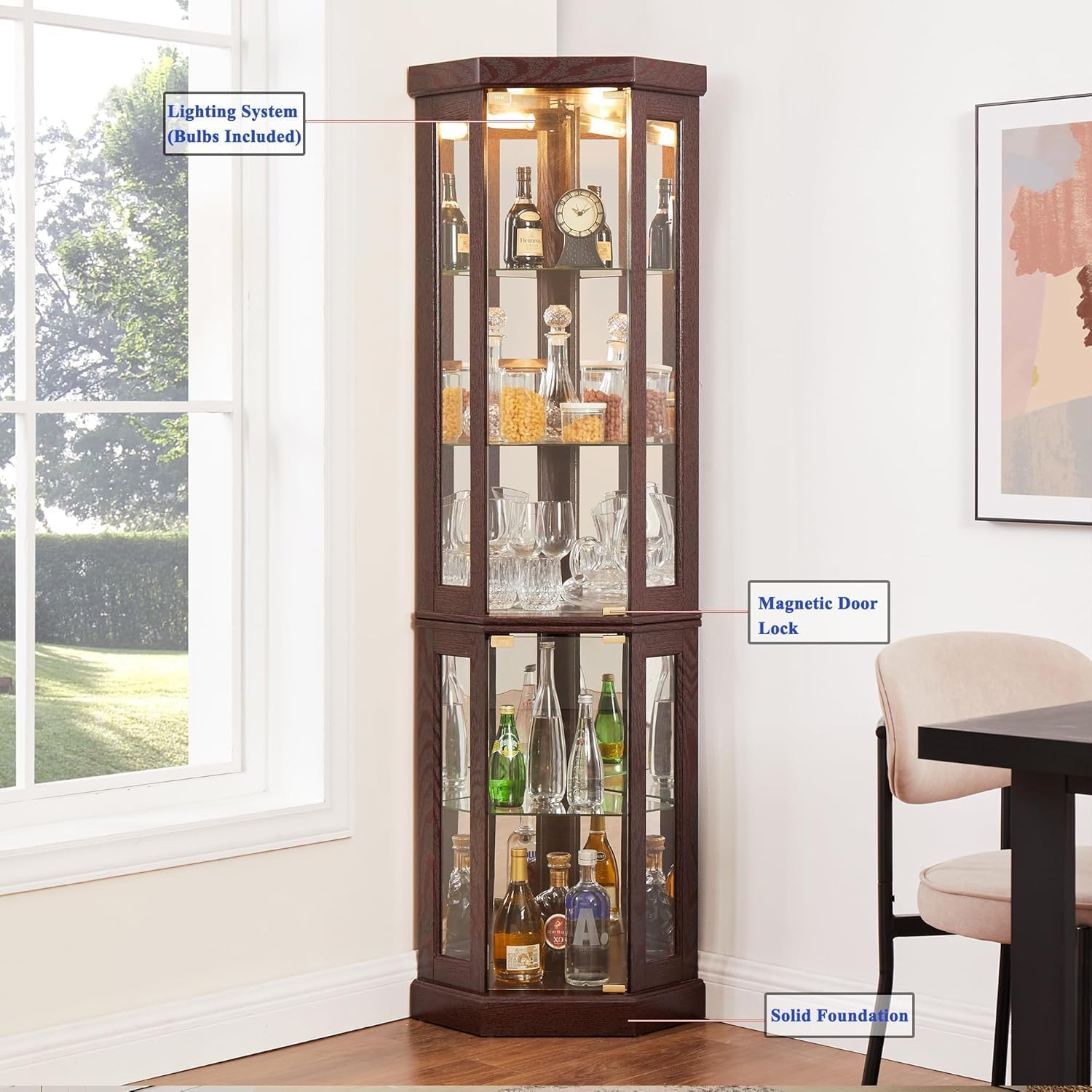 69' H Lighted Corner Curio Cabinet, 5-Tier Curio Glass Display Cabinet with Door & Adjustable Glass Shelves, Wooden Display Showcase Corner Storage Cabinet for Living Room (Dark Cherry)
