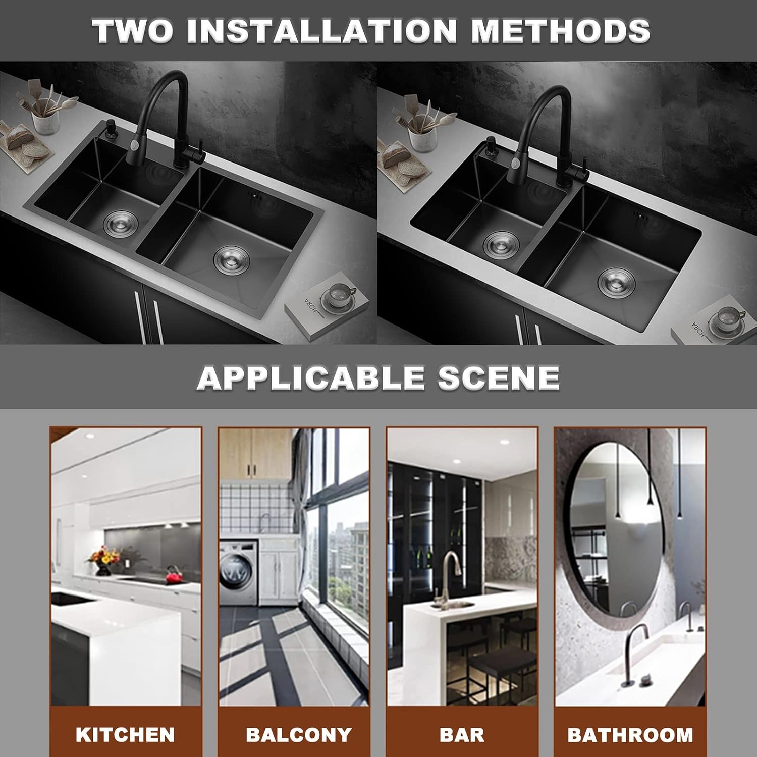 Black Double Bowl Kitchen Bar Sink 304 Stainless Steel Square Bar & Prep Sink RV Sink with Downpipe and Drain Top Mount Or Undermount (Color : Black, Size : 75x42x22cm)