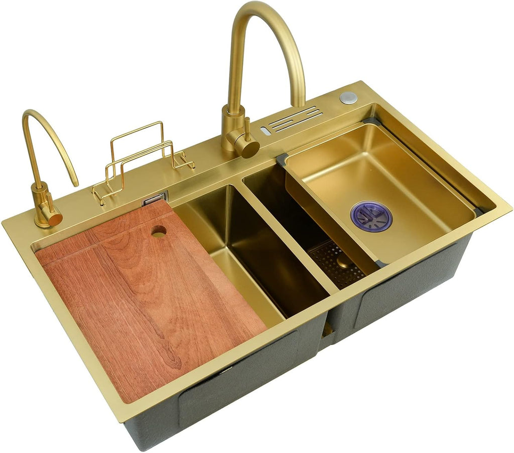 304 Stainless Steel Room Kitchen Sink Gold Double Bowl Bar Prep Sink Multi-Purpose RV Sink with Faucet and Drain Assembly Drop in Or Under Mount (Color : Gold-h, Size : 82x46x24cm) (Goldb 82x46x2