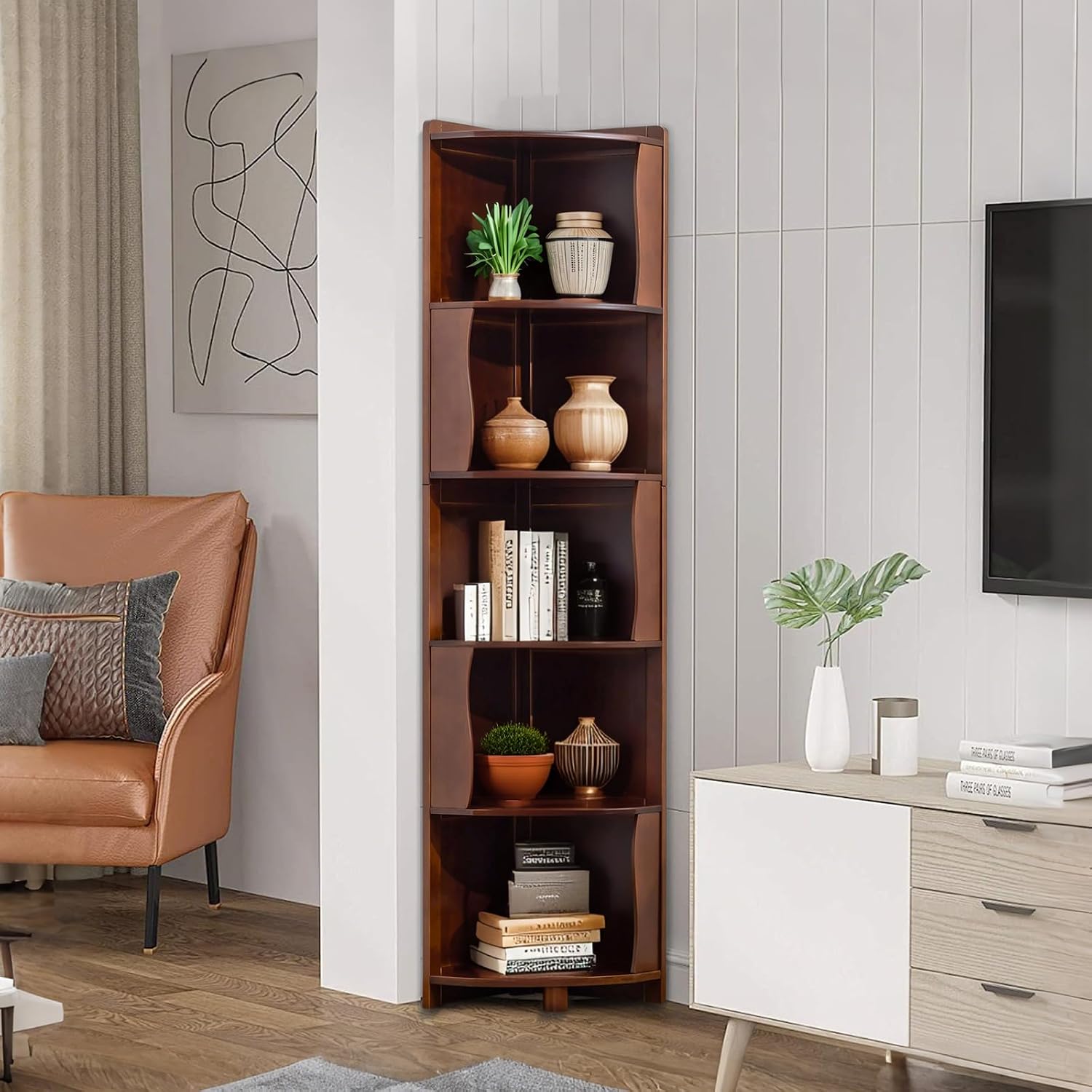 5-Tier Bamboo Corner Shelf Freestanding Fan-Shaped Storage Rack, Space-Saving Corner Cabinet for Living Room or Bedroom, Easy to Assemble, Dark Walnut