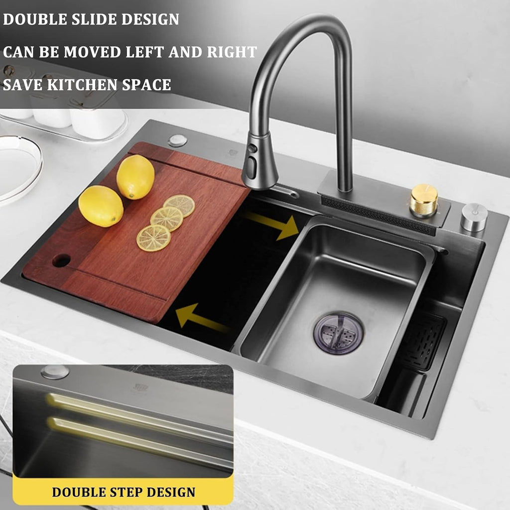 Single Bowl Kitchen Sink 304 Stainless Steel Bar Sink Household Multi-Function RV Sink with Faucet and Cup Washer Drop in Or Under Mount (Grey-68x45x22cm