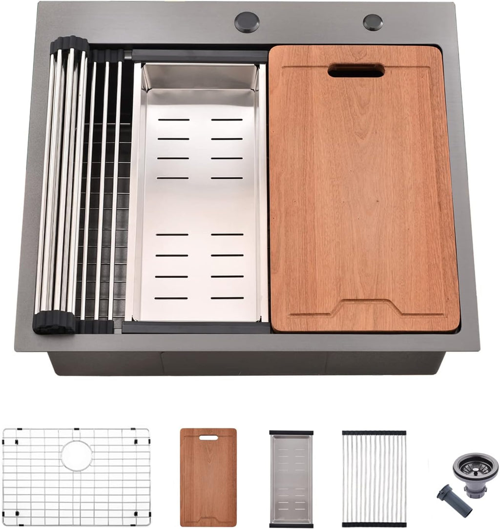 25 Inch Drop In Kitchen Sink Black - VOKIM 25x22-Inch Drop In/Topmount sink Workstation 16 Gauge Stainless Steel 10'' Deep Single Bowl Handmade Kitchen Sink with Cutting Board& Strainer