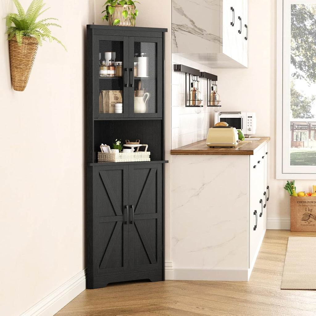 67''H Black Tall Farmhouse Corner Storage Cabinet with 4 Tempered Glass Doors and Barn Doors, Narrow Bathroom Cabinet with 2 Adjustable Shelves, Corner Hutch for Kitchen, Dining Living Room