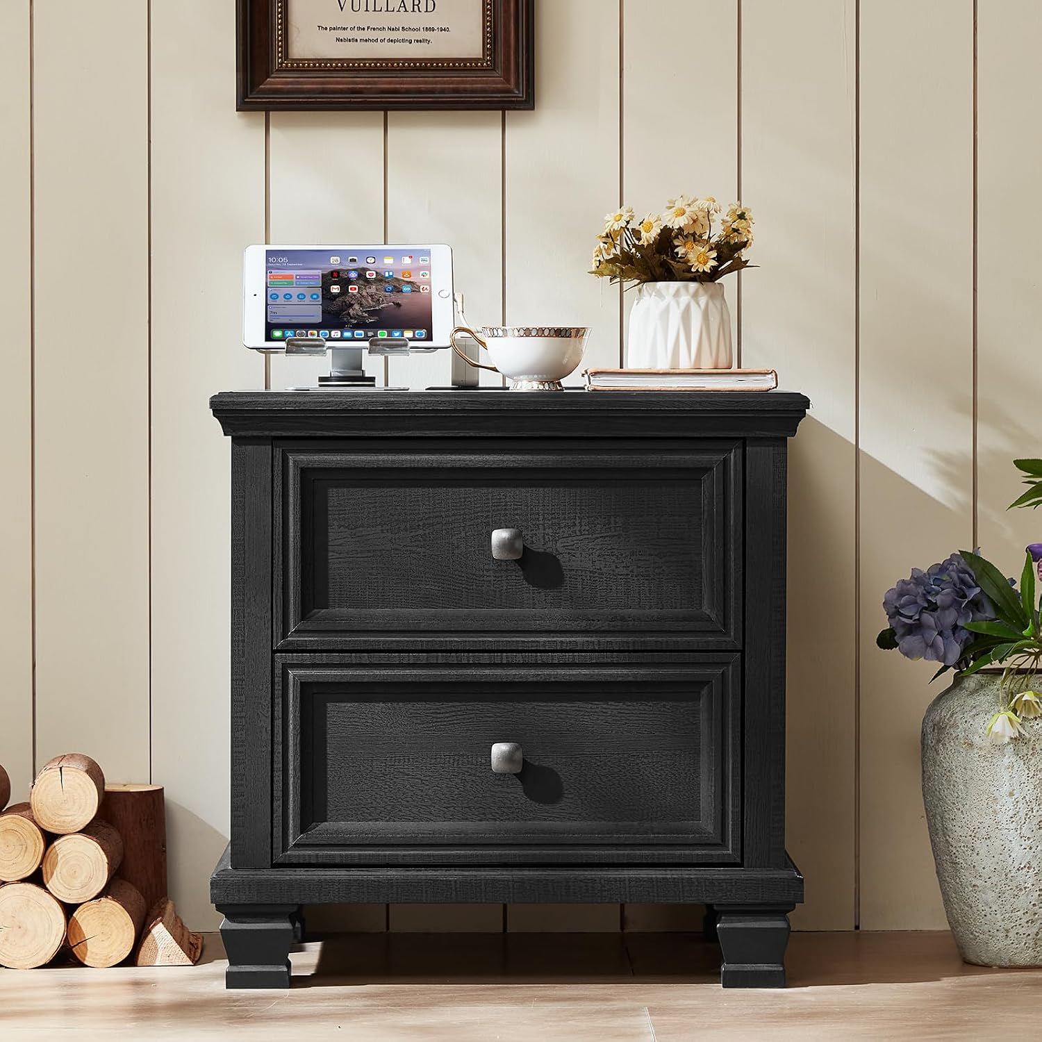 SAVOR LIFE Farmhouse Nightstand with Charging Station, Rustic Low Night Stand with 2 Drawers, Mid-Century Modern End Table with 4 Square Solid Wood Legs, Small Dresser for Bedroom, Home, Black
