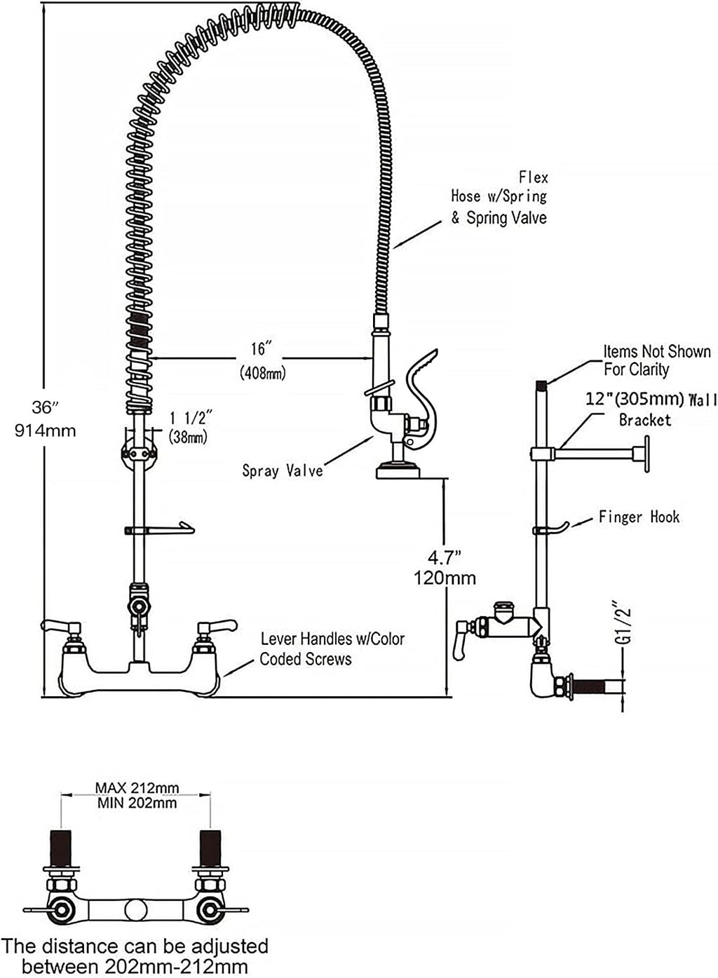 Commercial Faucet with Sprayer for Kitchen Staff: 36 Inches Commercial Faucet Pre Rinse Sprayer 8 inch Center Wall Mount Kitchen with 12 inch Add on Spout