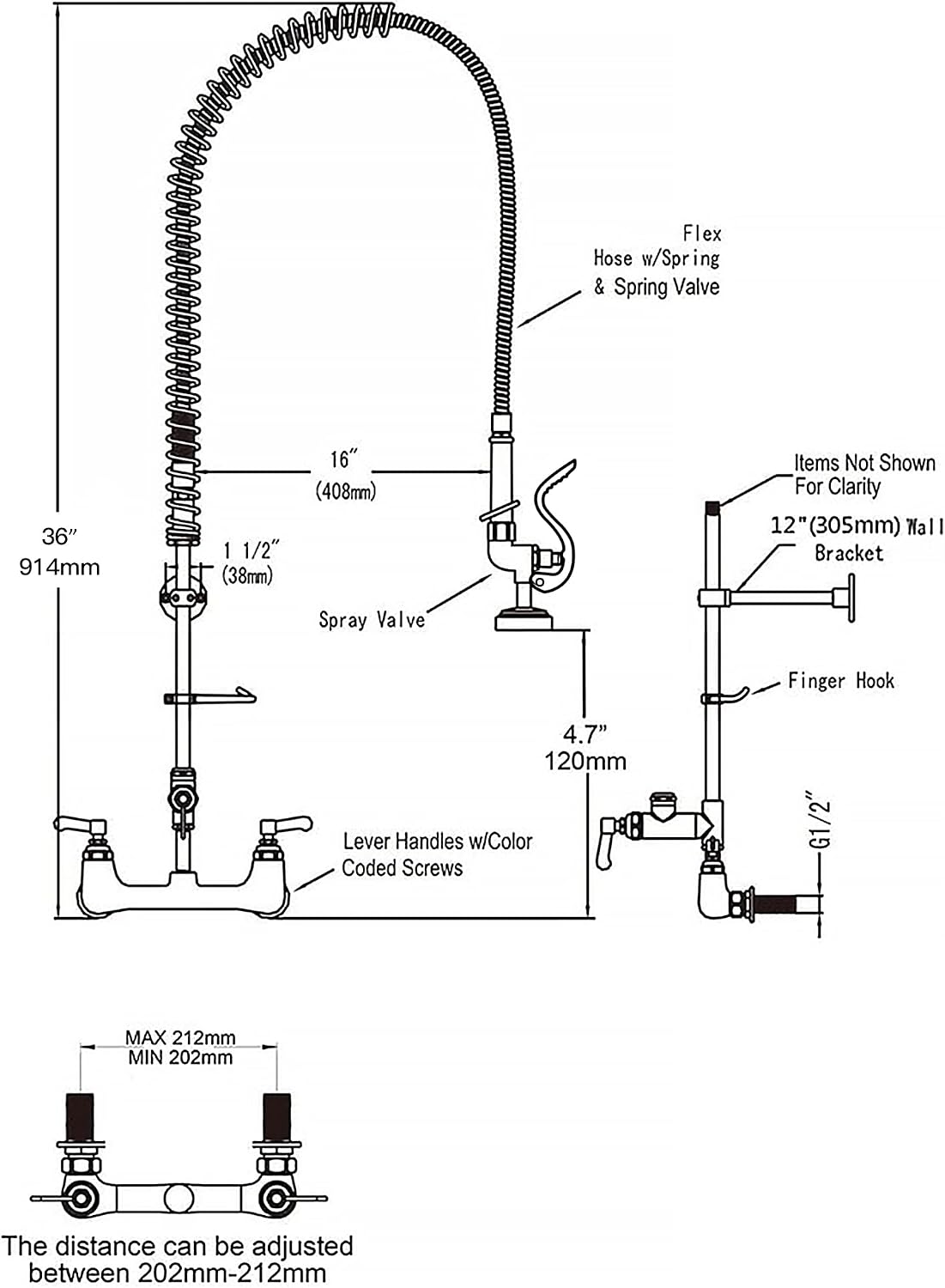 Commercial Faucet with Sprayer for Kitchen Staff: 36 Inches Commercial Faucet Pre Rinse Sprayer 8 inch Center Wall Mount Kitchen with 12 inch Add on Spout