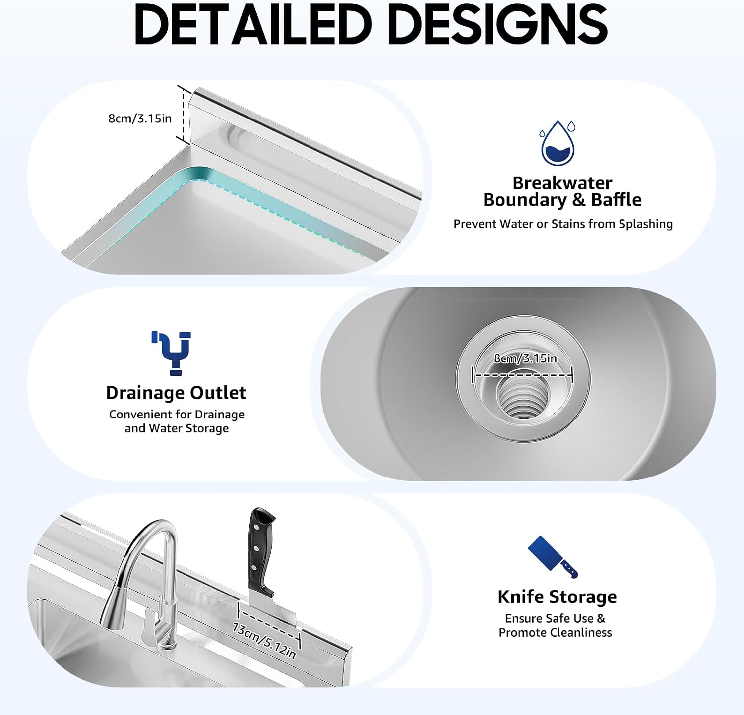 Commercial Sink, 201 Stainless Steel Sink With Cold and Hot Water Faucet Indoor Floor Standing Sink for Kitchen Hotel Restaurant Storage Shelves Prep Table Workbench Utility Sink