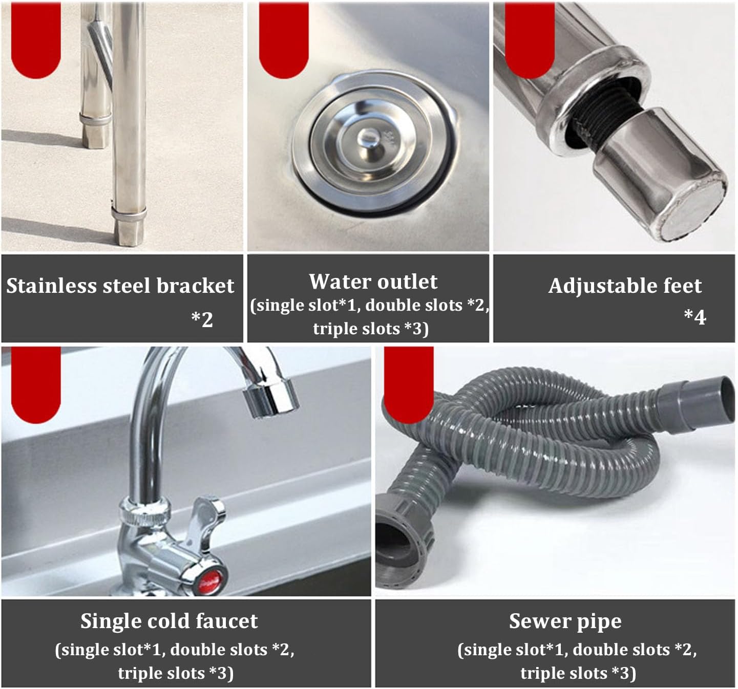 Commercial Catering Sink with Single Cold Water Faucet Standing Single Bowl for Garage Laundry Room and Outdoor Restaurant 175 * 60 * 80 cm,Triple Bowl-145 * 60 * 80 cm