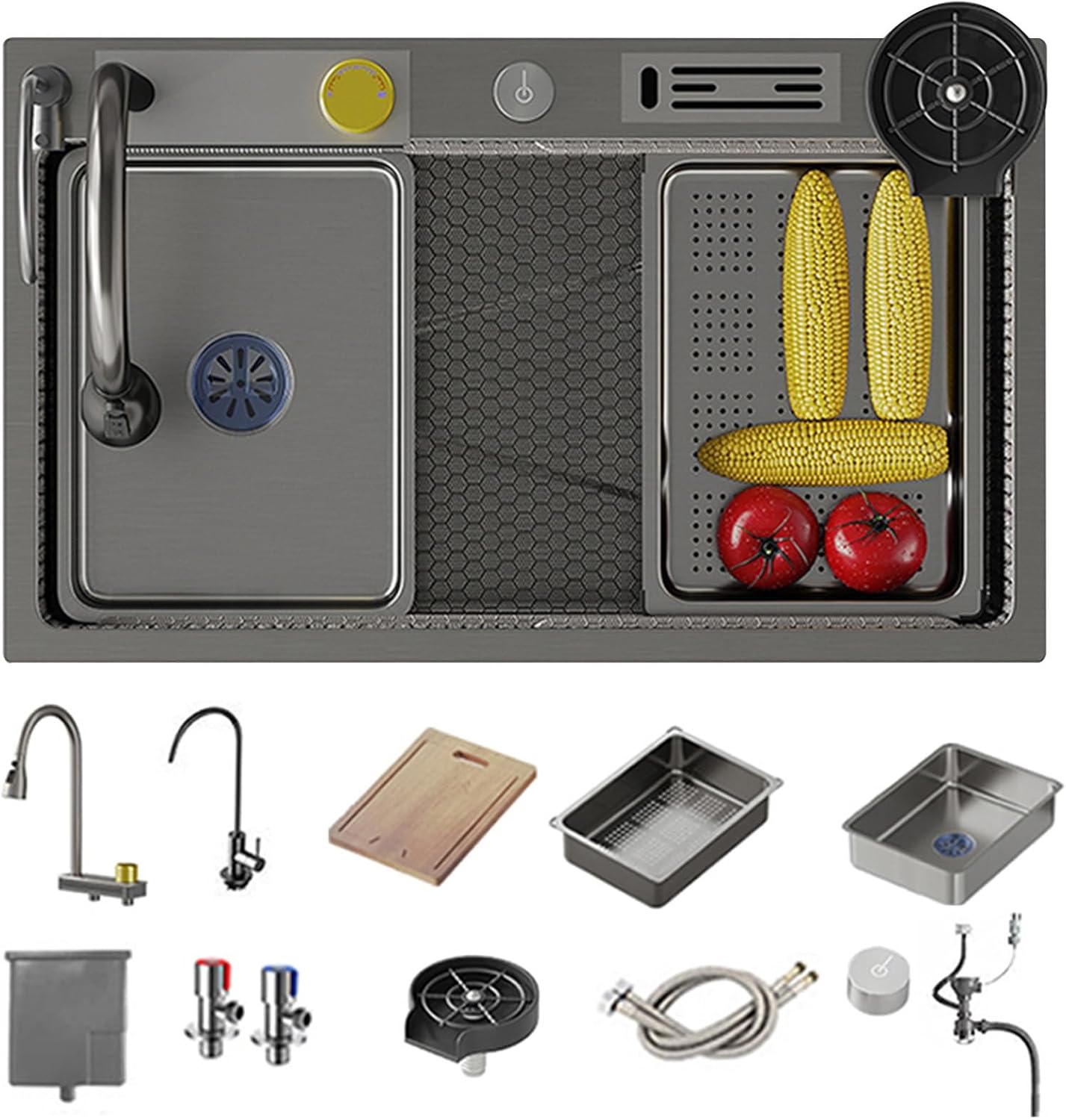Single Bowl Kitchen Sink with Stainless Steel Sink with Waterfall Waterfall Water Left with Knife Box with Pull-Out Tap (A-68x45CM