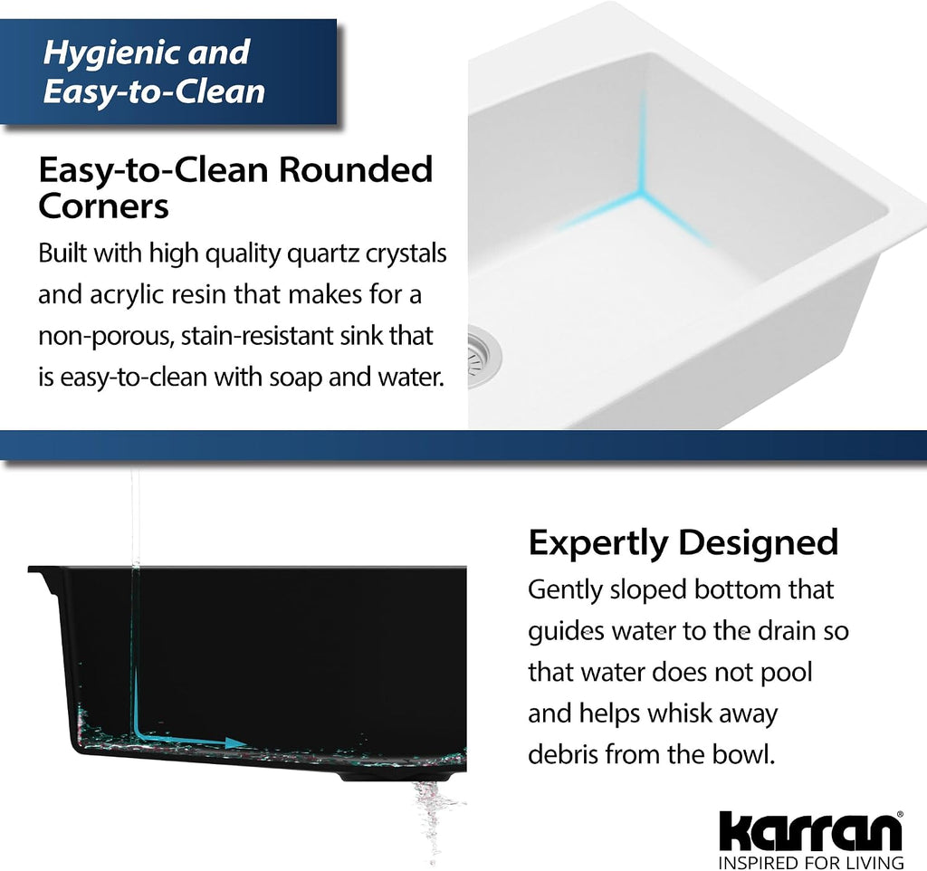 Karran QT-712 33 Inch Drop-In Quartz Composite Single Bowl Kitchen Sink, Top Mount, 1-Hole, Heat & Scratch Resistant, Easy Clean, White