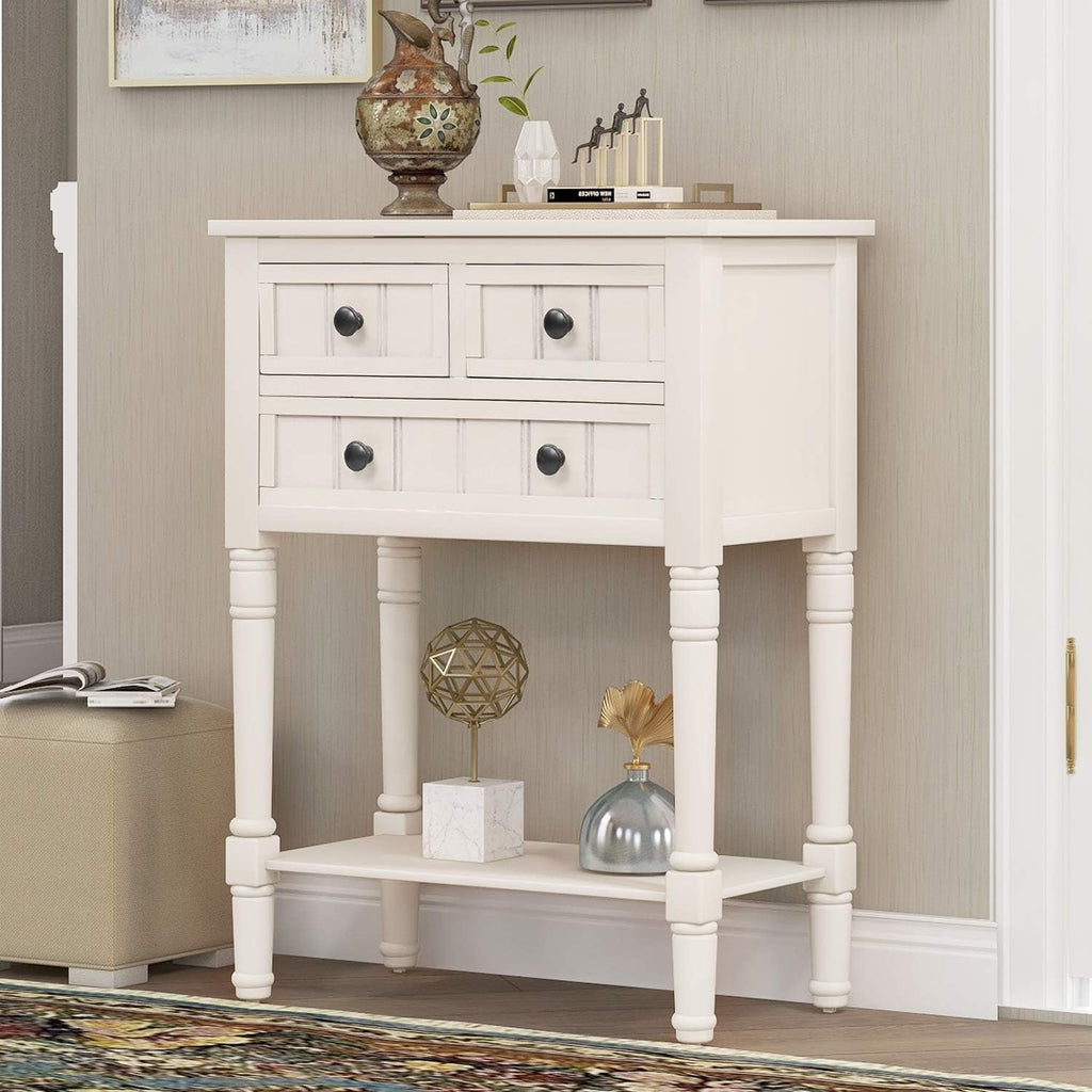 P PURLOVE Narrow Console Table, Farmhouse Entryway Table Slim Sofa Table with Three Storage Drawers and Bottom Shelf, Wood Entry Table for Living Room,Easy Assembly,Ivory White