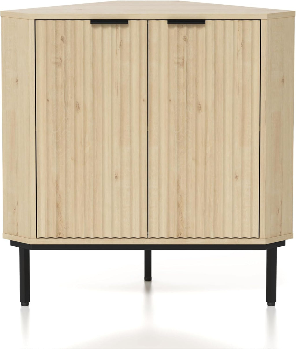 EYYTHUNG Fluted Corner Cabinet, Modern Small Corner Floor Cabinet with 2 Doors and 2-Tier Shelves, Freestanding Narrow Organizer for Living Room Kitchen Bathroom, Light Oak