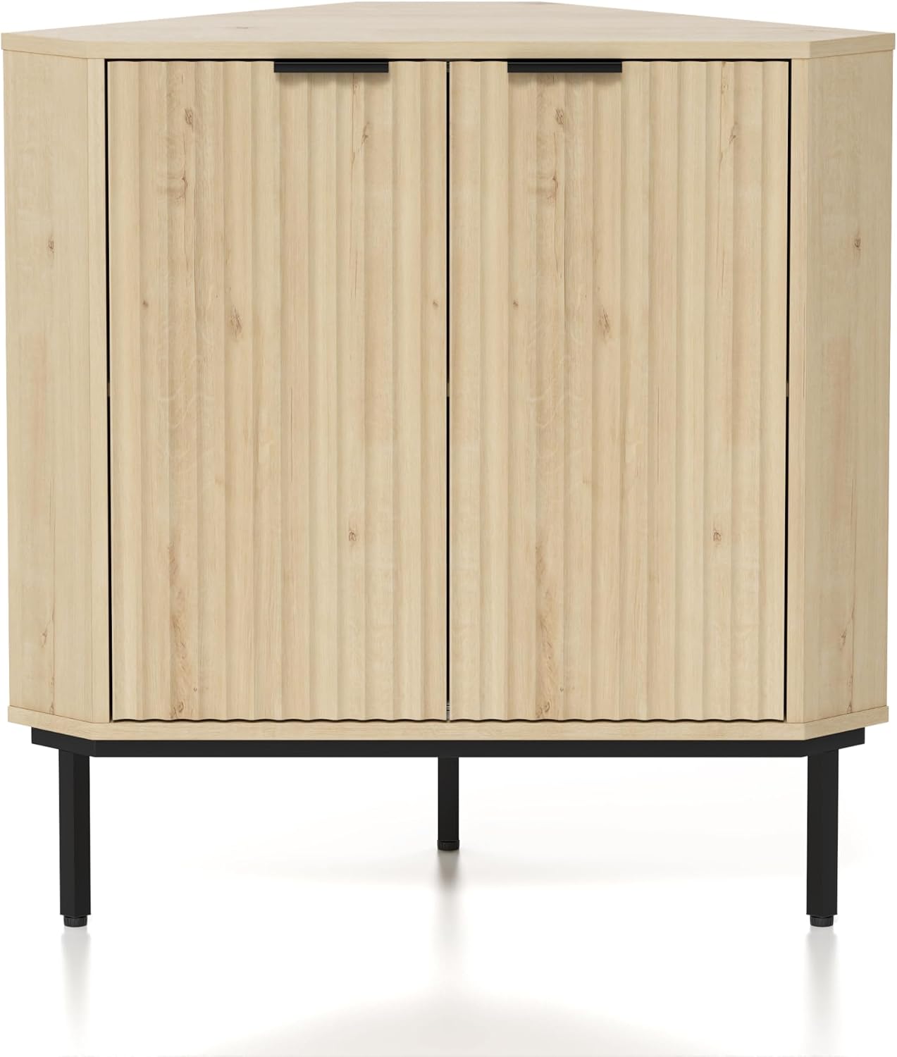 EYYTHUNG Fluted Corner Cabinet, Modern Small Corner Floor Cabinet with 2 Doors and 2-Tier Shelves, Freestanding Narrow Organizer for Living Room Kitchen Bathroom, Light Oak