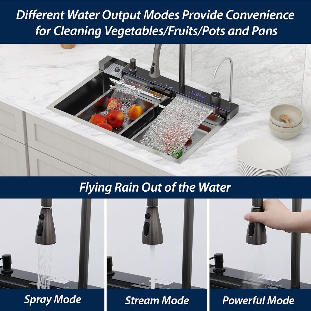 Logmey 30' Smart Dual Waterfall Sink with Digital Display,Water Purifier,Nano PVD Drop in Kitchen Sink with Faucet,16 Gauge Stainless Steel Sinks with Temperature Control Knob,5 Buttons,30x19x9