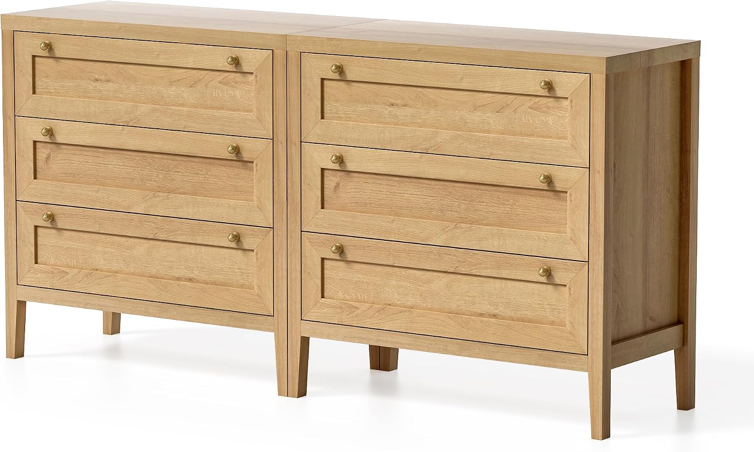 EYYTHUNG 3 Drawer Dresser Set of 2 for Bedroom, Modern Chest of Drawers with Golden Handles, Large Wood Nightstand, Storage Dresser Cabinet Side Table for Living Room, Hallway, Natural Oak