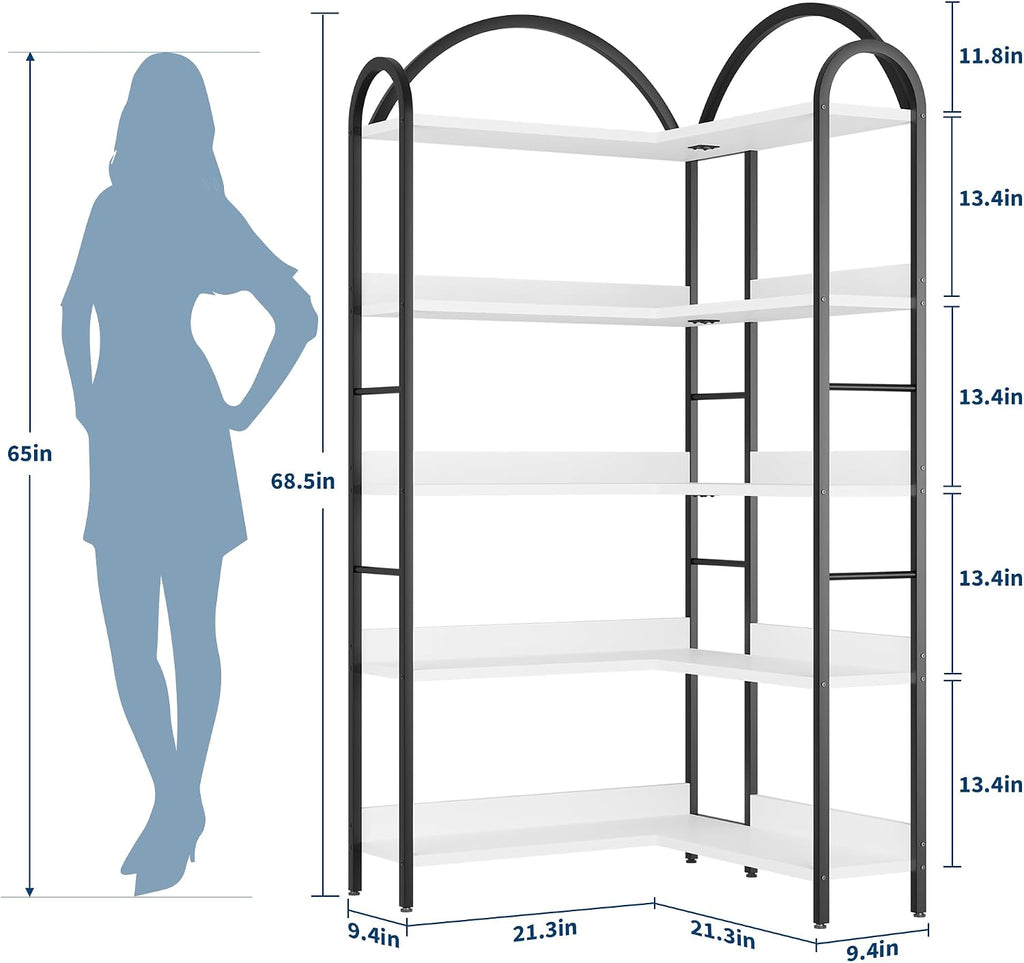 GarveeHome Arched Bookshelf Corner Bookcase, L Shaped Bookshelf Industrial Corner Bookshelves, Large Bookcase with Metal Frame, Corner Shelf Arch Display Rack for Living Room Bedroom