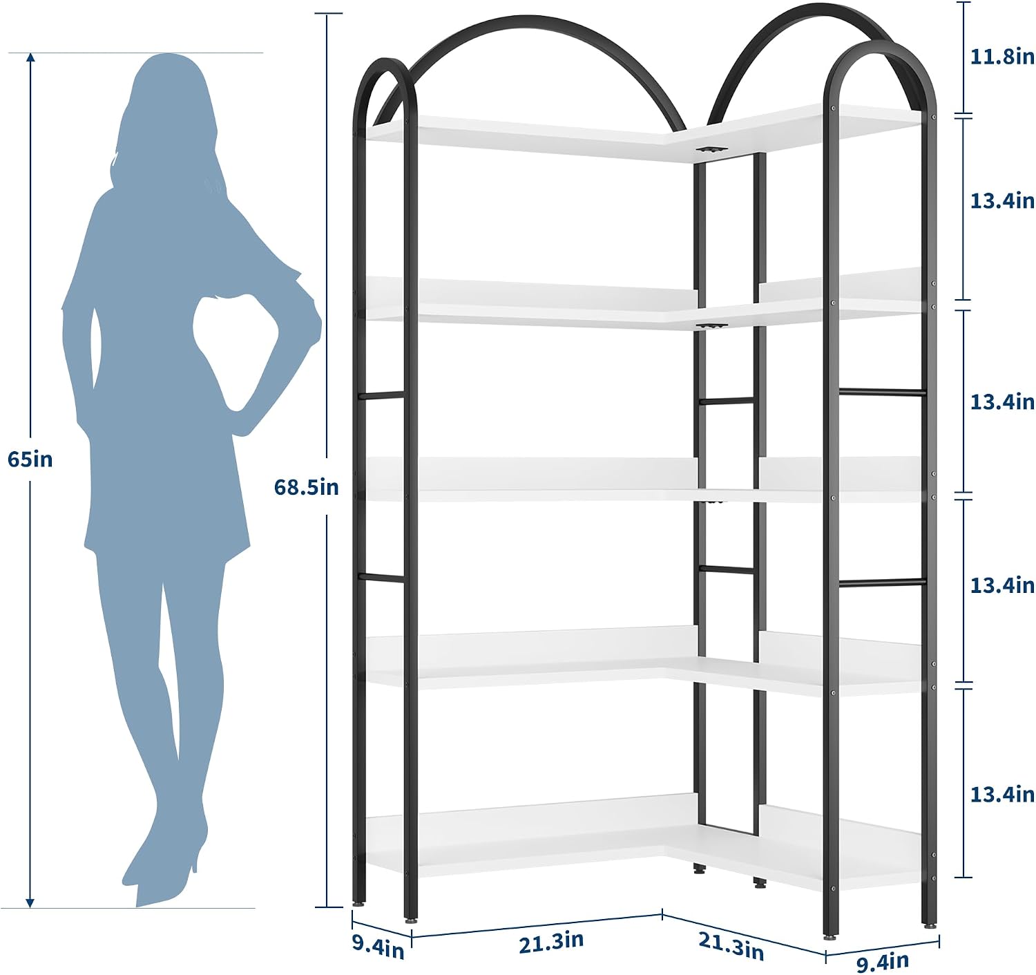 GarveeHome Arched Bookshelf Corner Bookcase, L Shaped Bookshelf Industrial Corner Bookshelves, Large Bookcase with Metal Frame, Corner Shelf Arch Display Rack for Living Room Bedroom