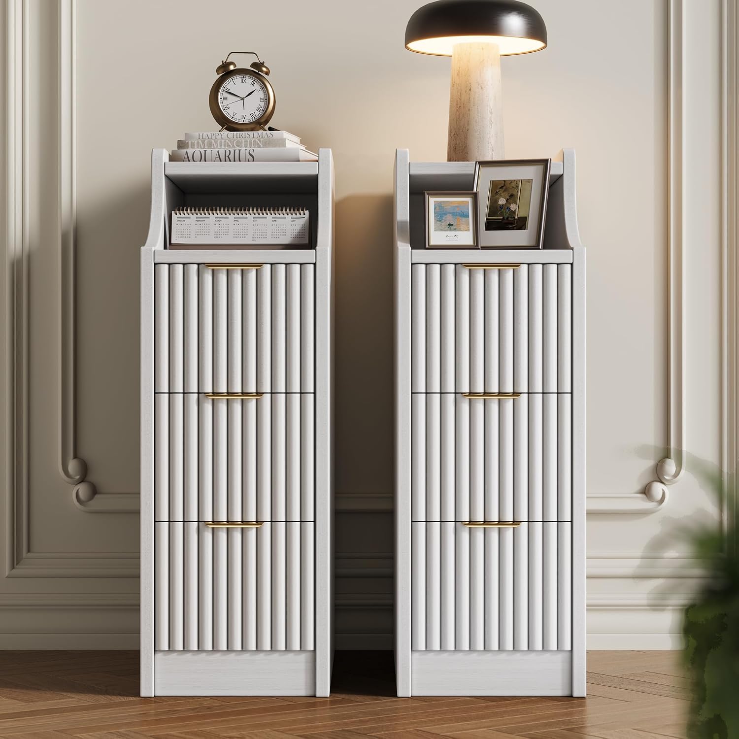 7.9' W Narrow Fluted Nightstand Set of 2,Slim Side End Table with 3 Drawers,Modern Bedside Table,Skinny Night Stand for Bedroom, Livingroom,Small Space (White)