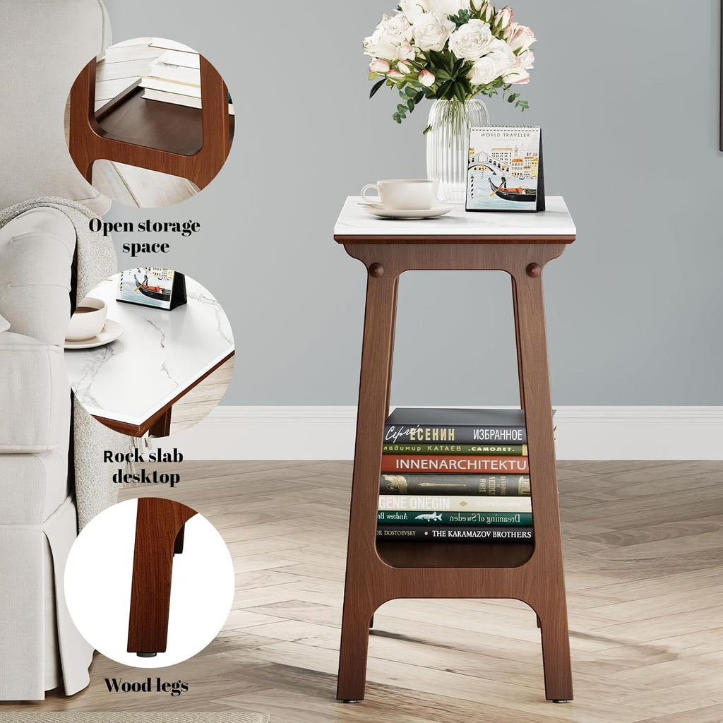 Narrow Side Table with Storage Shelf, Small End Tables Living Room, Mid Century Modern Wood End Table Sofa Table for Small Space (Retro Brown)