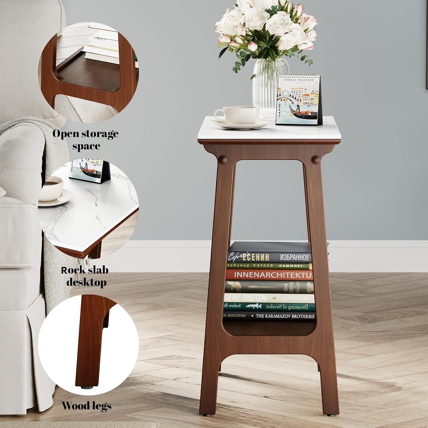 Narrow Side Table with Storage Shelf, Small End Tables Living Room, Mid Century Modern Wood End Table Sofa Table for Small Space (Retro Brown)
