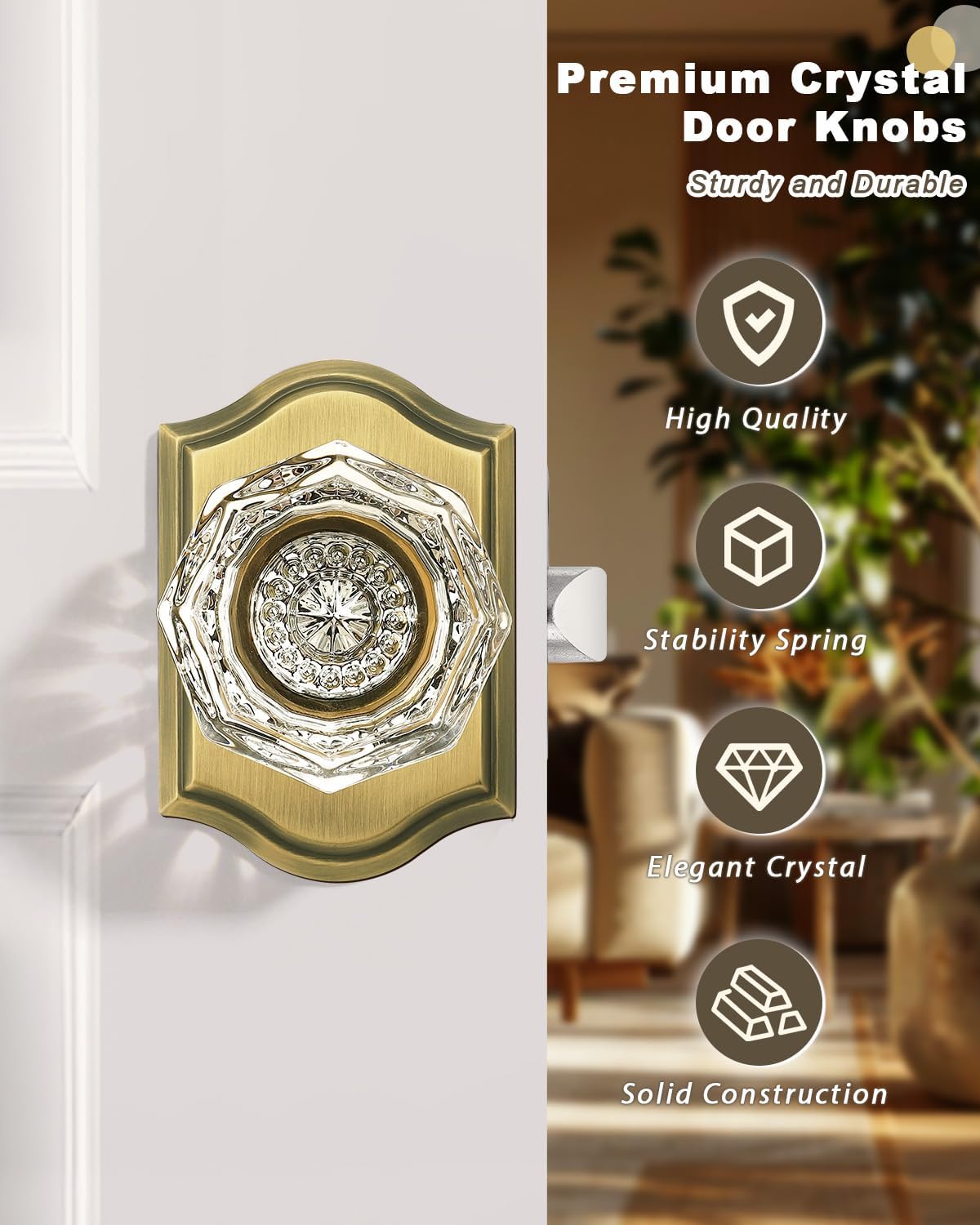 Gobrico Privacy Door Locks Crystal Knobs with Arched Antique Brass Finish,Interior Doorknobs with Lock for Bathroom Bedroom,Heavy Duty Door Handles,6 Pack