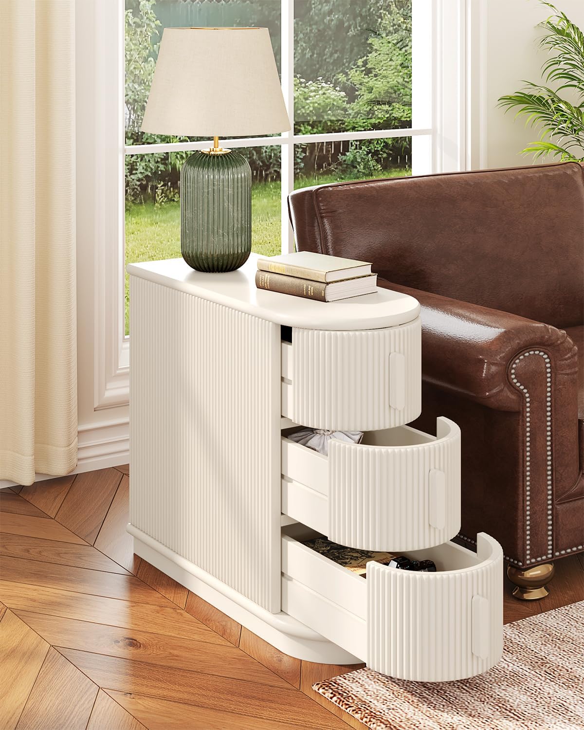 LITTLE TREE End Table with 3 Drawers, No Assembly Required & Closed Back Side Table, Mid-century Modern Sofa Side Table, White Side End Table for Living Room, Slim Nightstand Bedside Table for Bedroom