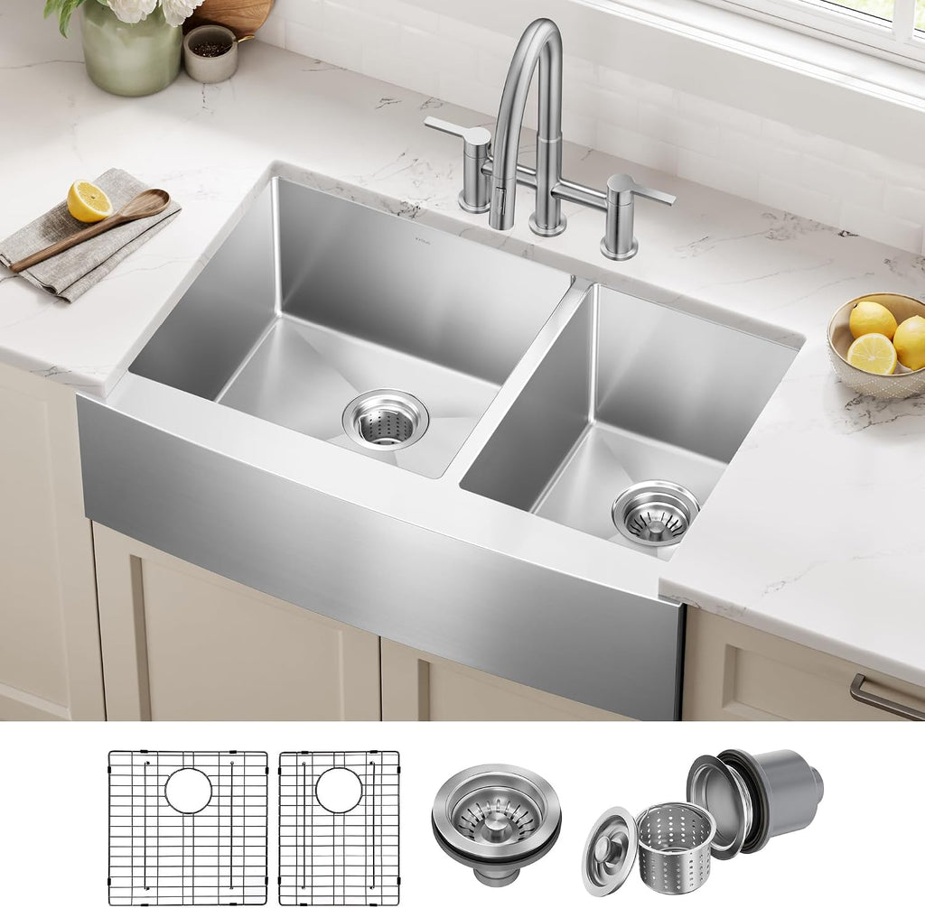 KRAUS Standart Pro 33-Inch Apron Front Farmhouse 16-Gauge 60/40 Double Bowl Stainless Steel Kitchen Sink, KHF203-33