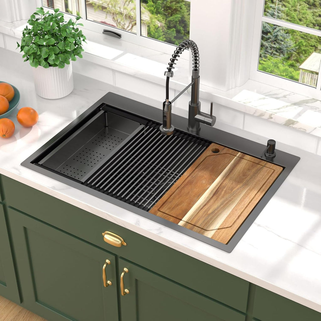 Drop In Kitchen Sink - 33x22 Drop In Gunmetal Black Kitchen Sink with Faucet Combo Workstation NANO-PVD 16 Gauge Stainless Steel Topmount Single Bowl Sinks Round Corners #TL-FDOE00097