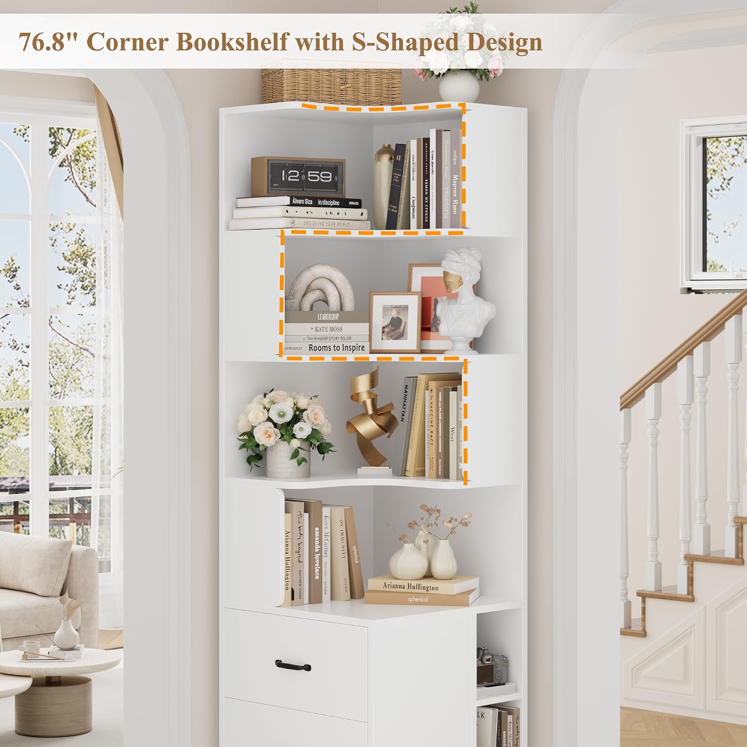 FACBOTALL 76.8' Corner Bookshelf with 3 Drawers and 3 Side Storage Cubbies, L Shaped Tall Bookshelf and Bookcase, 4 Tier Corner Bookcase, Wood Narrow Book Shelf for Living Room, Office, White