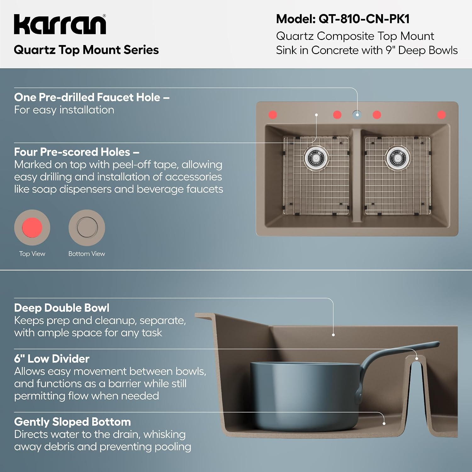 Karran QT-810 33' Top Mount Double Equal Bowl Quartz Kitchen Sink Kit in Concrete