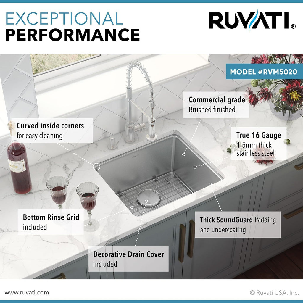 Ruvati 20-inch Undermount Bar Prep Kitchen Sink - 16 Gauge Stainless Steel Kitchen Sink Single Bowl with Brushed Finish hides scratches, Easy-to-Clean Undermount Sinks - RVM5020