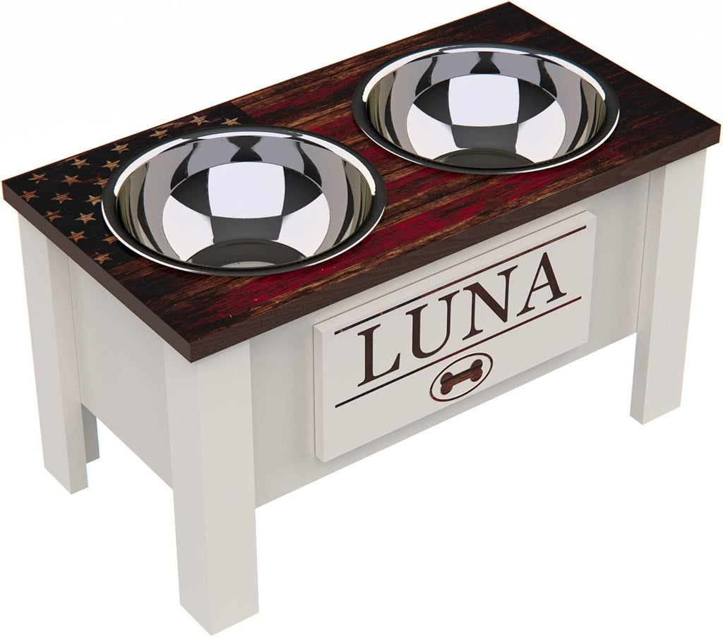 GTW Elevated Dog Bowl Stand for Large Dogs - Customized Feeding Station with Storage & Stainless Steel Bowls (Large, Flag Design)