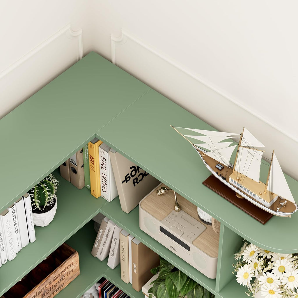 FOTOSOK 72' Tall Corner Bookshelf, 6-Tier Bookshelf and Bookcase with Open Storage, Tall Bookcases Wooden Storage Shelves for Home Office, Thickened Boards for Better Load Bearing, Green