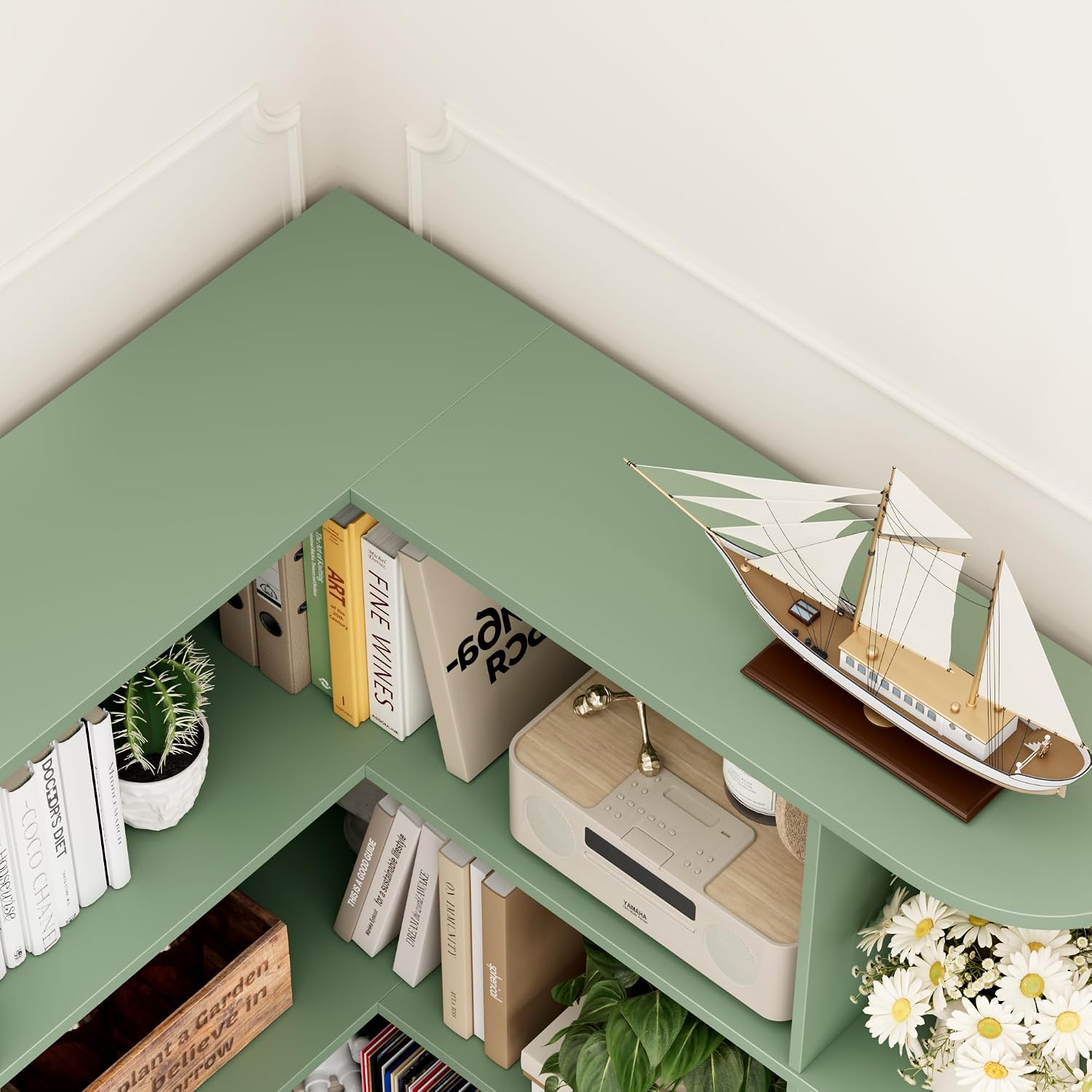 FOTOSOK 72' Tall Corner Bookshelf, 6-Tier Bookshelf and Bookcase with Open Storage, Tall Bookcases Wooden Storage Shelves for Home Office, Thickened Boards for Better Load Bearing, Green