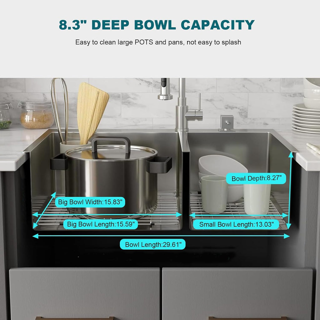 31' x 18' Silver Double Bowl Kitchen Sink, Drop-in/Topmount Overmount Kitchen Sinks with 304 Nano-Coated and Drainage Pipes & Fruit Basket