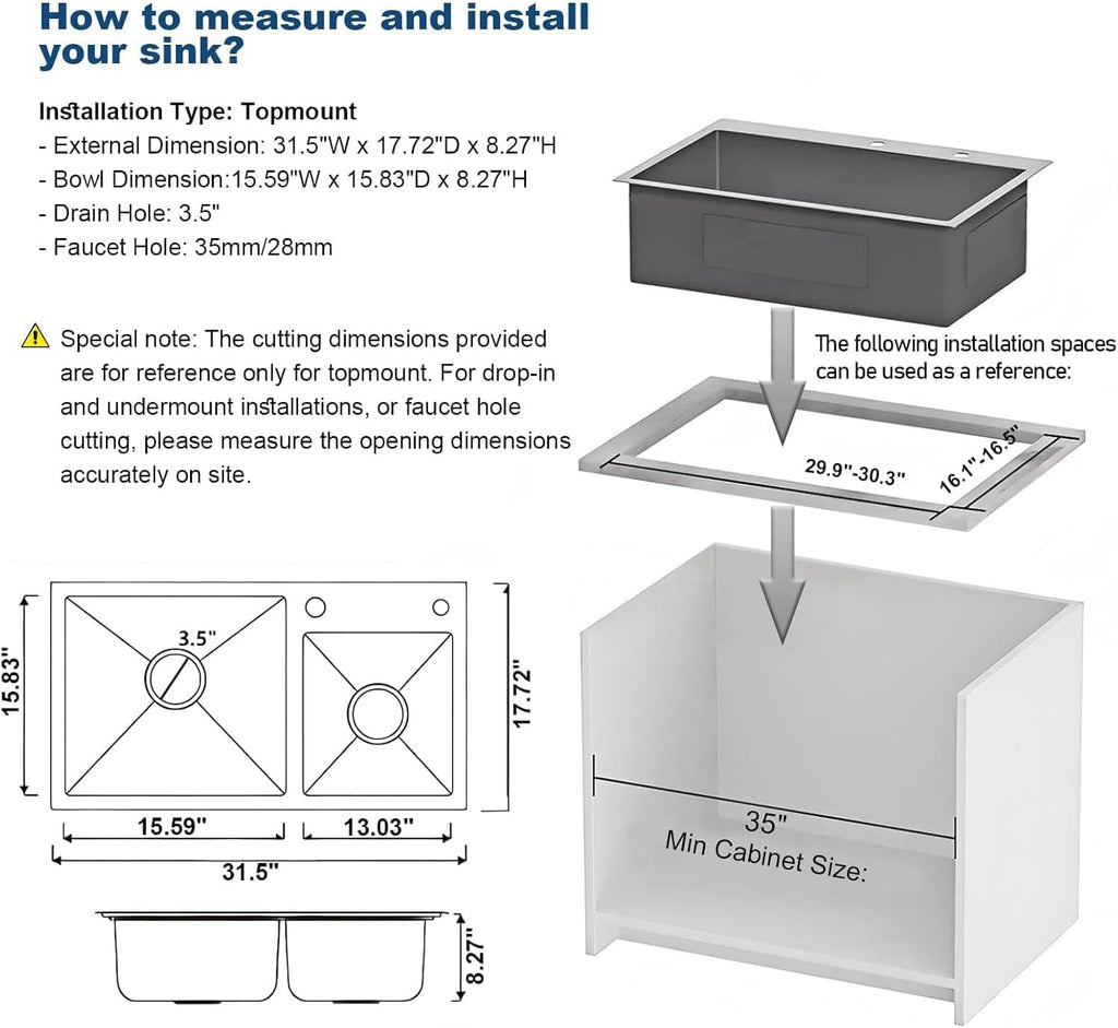 31' x 18' Double Bowl Kitchen Sink, Drop-in/Topmount 304 Stainless Steel Sink with Nano Coating & Accessories Set