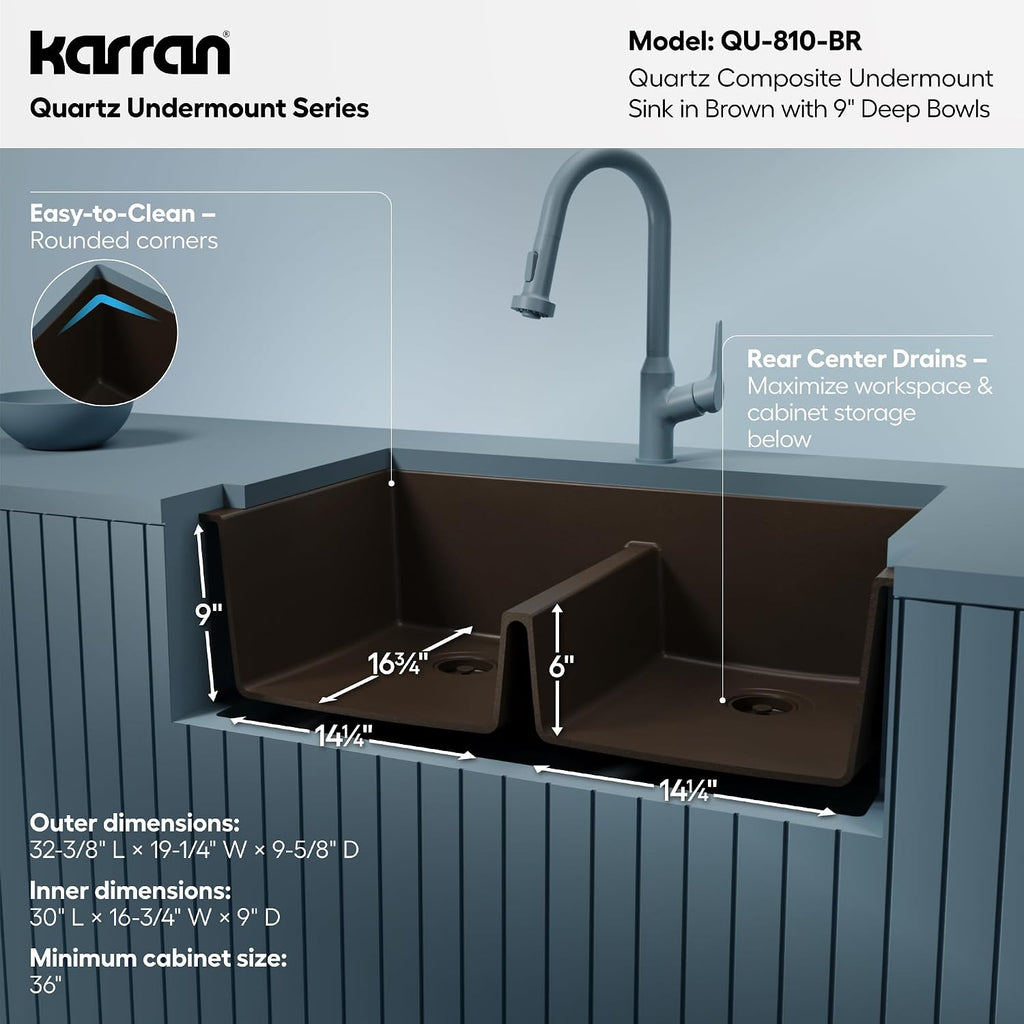 Karran 32' Brown Quartz Composite Undermount Double Bowl Kitchen Sink with Low Divider – 50/50 Equal Bowl, 80% Natural Quartz, 535°F Heat Resistant, Sound Dampening, QU-810