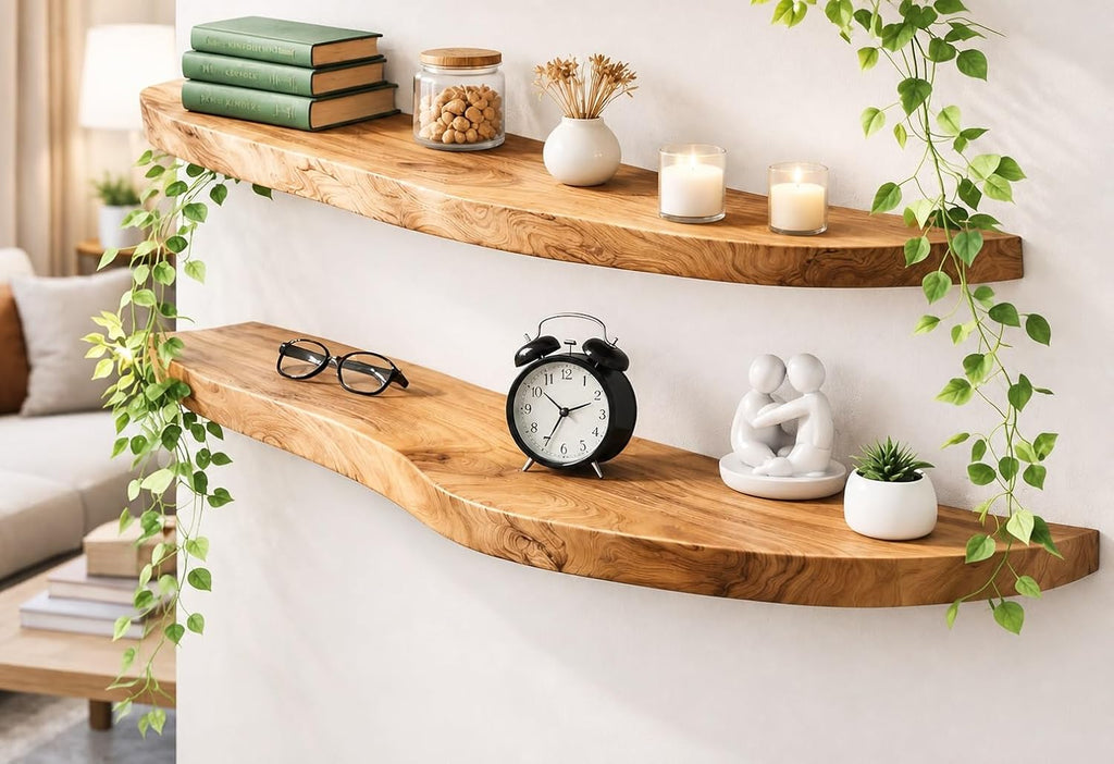 Live Edge Corner Wall Shelf, Solid Wood, Natural Grain, Floating Mount (24' W X 6' D X 1.5' (Inches))