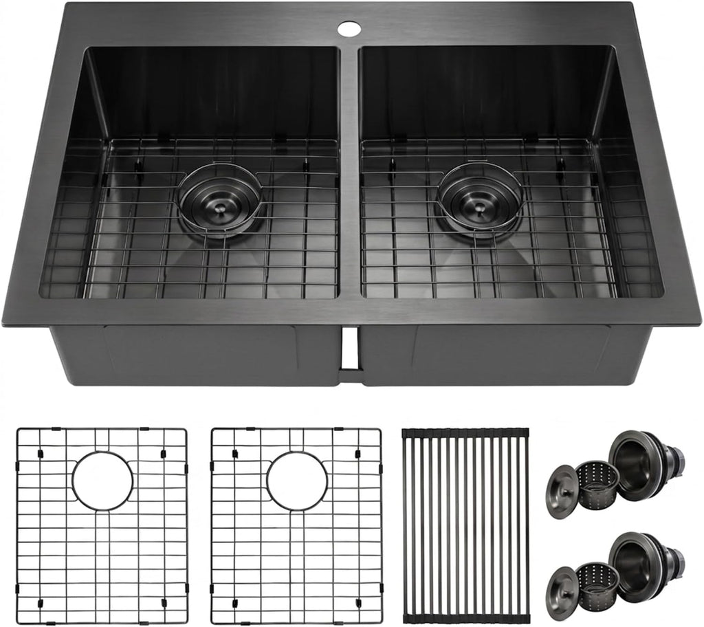 Black Kitchen Sink,33 X 22 inch Drop in Kitchen Sinks Double Bowl,16 Gauge Stainless Steel 50/50 Double Sink,Top Mount/Drop In Double Kitchen Sink 33 inch