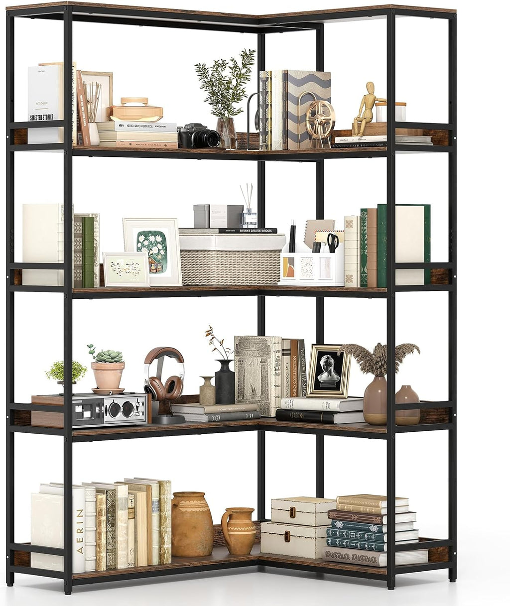 Tangkula Large Corner Bookshelf, 90 Degrees 5-Tier Industrial Wood Open Corner Bookcase for Small Spaces, Heavy-Duty Metal Frame, 71'H L-Shaped Storage Display Rack for Living Room (Rustic Brown)