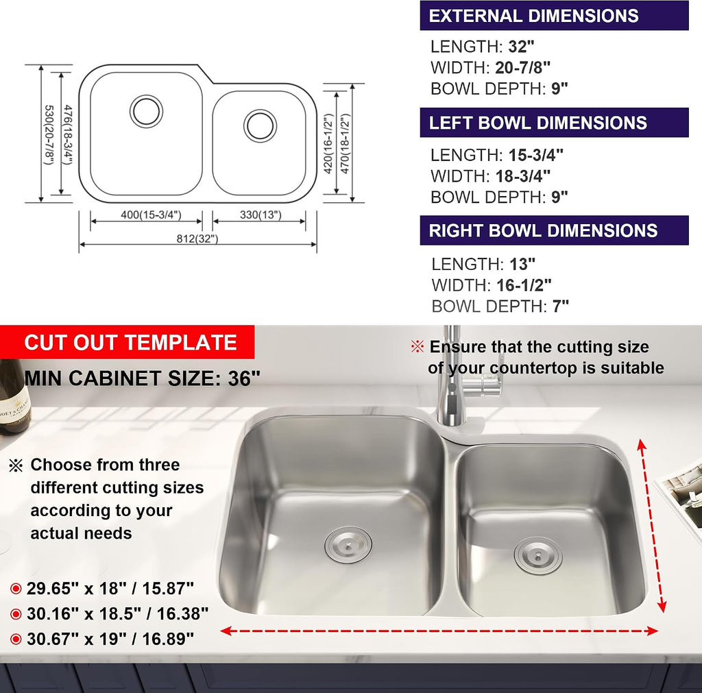 32 Inch Double Bowl Kitchen Sink 60/40 Undermount Stainless Steel 18 Gauge Curved Shape Round Corner Sinks with Strainer 32' x 20' x 9'