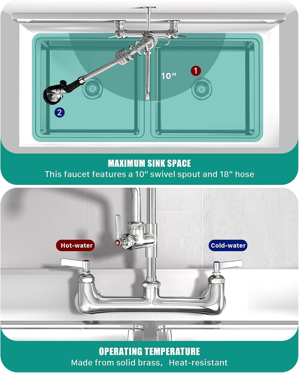 Commercial Kitchen Faucet Heavy Duty Wall Mount Sink Faucet, 8 Inch Center 25 Inch Commercial Kitchen Faucet with Pre-Rinse Sprayer （Black） and 10 Inch Add-On Spout for 1,2,3 Compartment Sinks