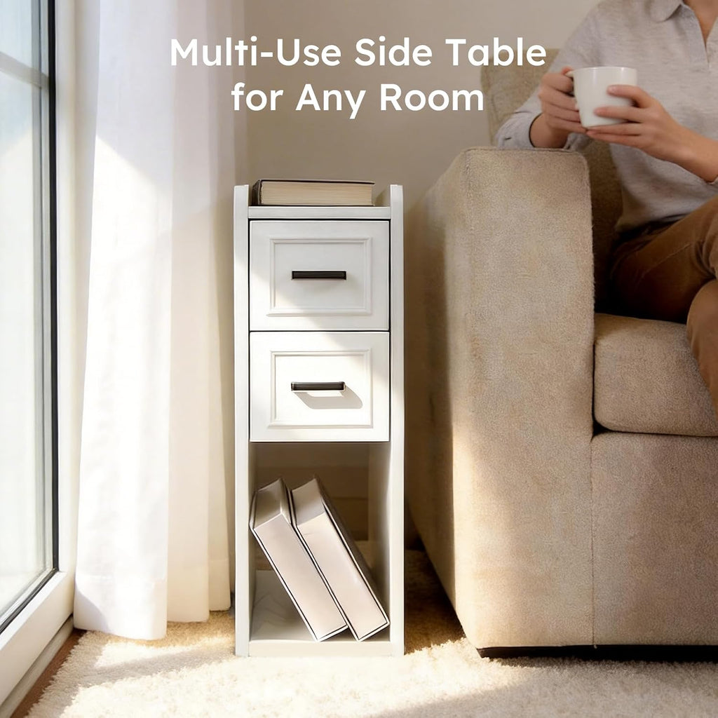 Narrow Nightstand Set of 2, Modern White Bedside Table with Drawers & Open Shelf, Modern End Table for Bedroom Small Spaces, Apartments, Renters