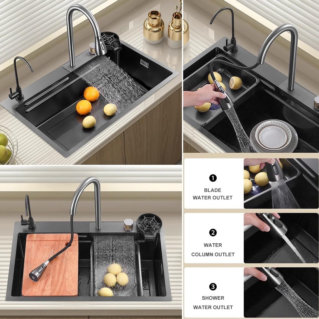 Waterfall Sink Household Sink Single Bowl Kitchen Sink Set Nano-Coated Workstation Sink with Pull-Out Faucet and Cup Washer Pressurized Cup Washer (Color : Black, Size : 68x45x22cm) (Black 68x45x