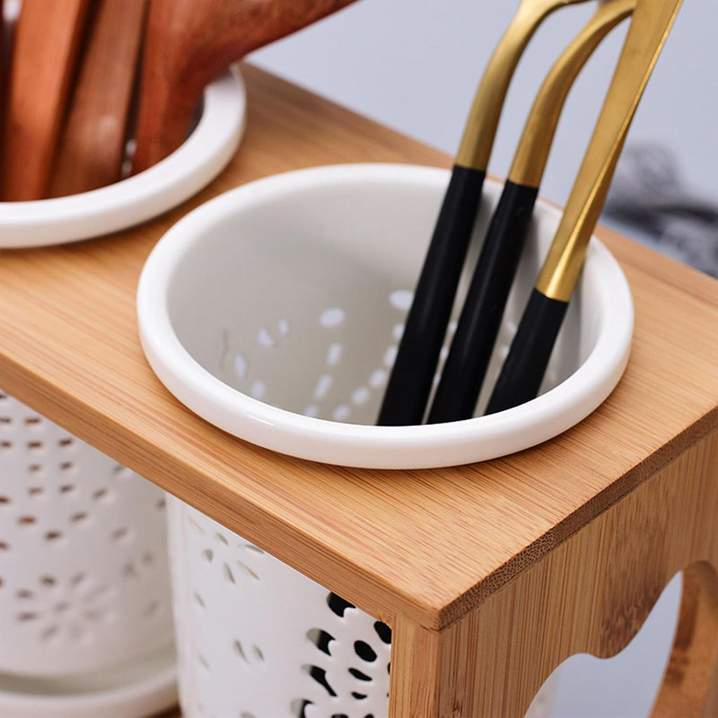 Cup Storage Holder,Bamboo Utensil Holder Set - 3 Ceramic Caddies with Drain Tray for Kitchen Counter, Ideal for Spoon, Fork & Knife Organization，A 8.27in