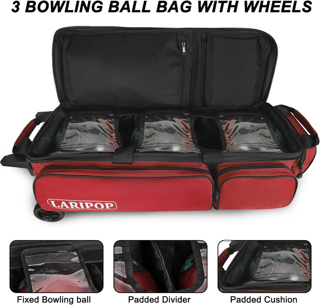 LARIPOP 3 Ball Bowling Bag with Wheels and Shoe Compartment, Rolling Bowling Bag for 3 Balls, Heavy Duty Bowling Roller Bag with Retractable Handle for Men Women