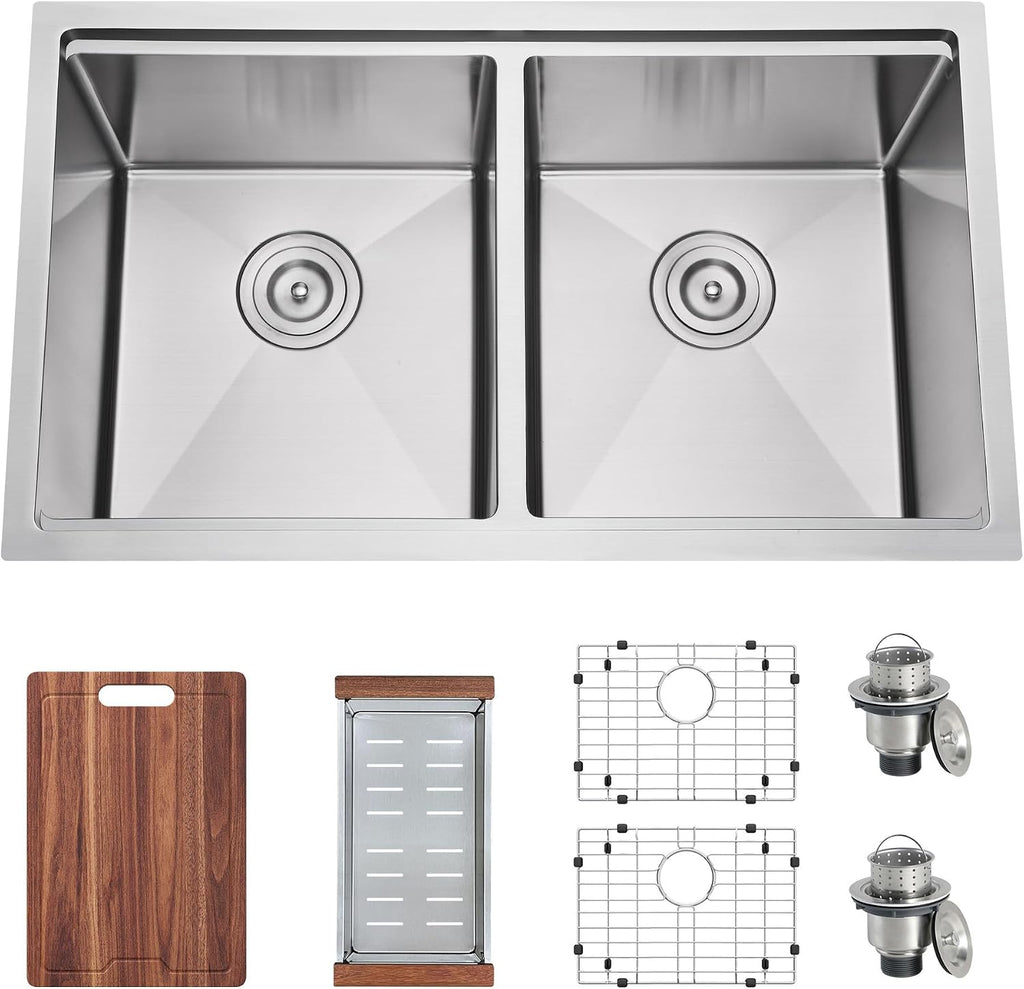 32 Inch Undermount Workstation Handmade Double Bowl Kitchen Sink, 16 Gauge 304 Stainless Steel 50/50 Large Capacity Kitchen Sinks, Ledge and Accessories Included, 32' x 18' x 10'