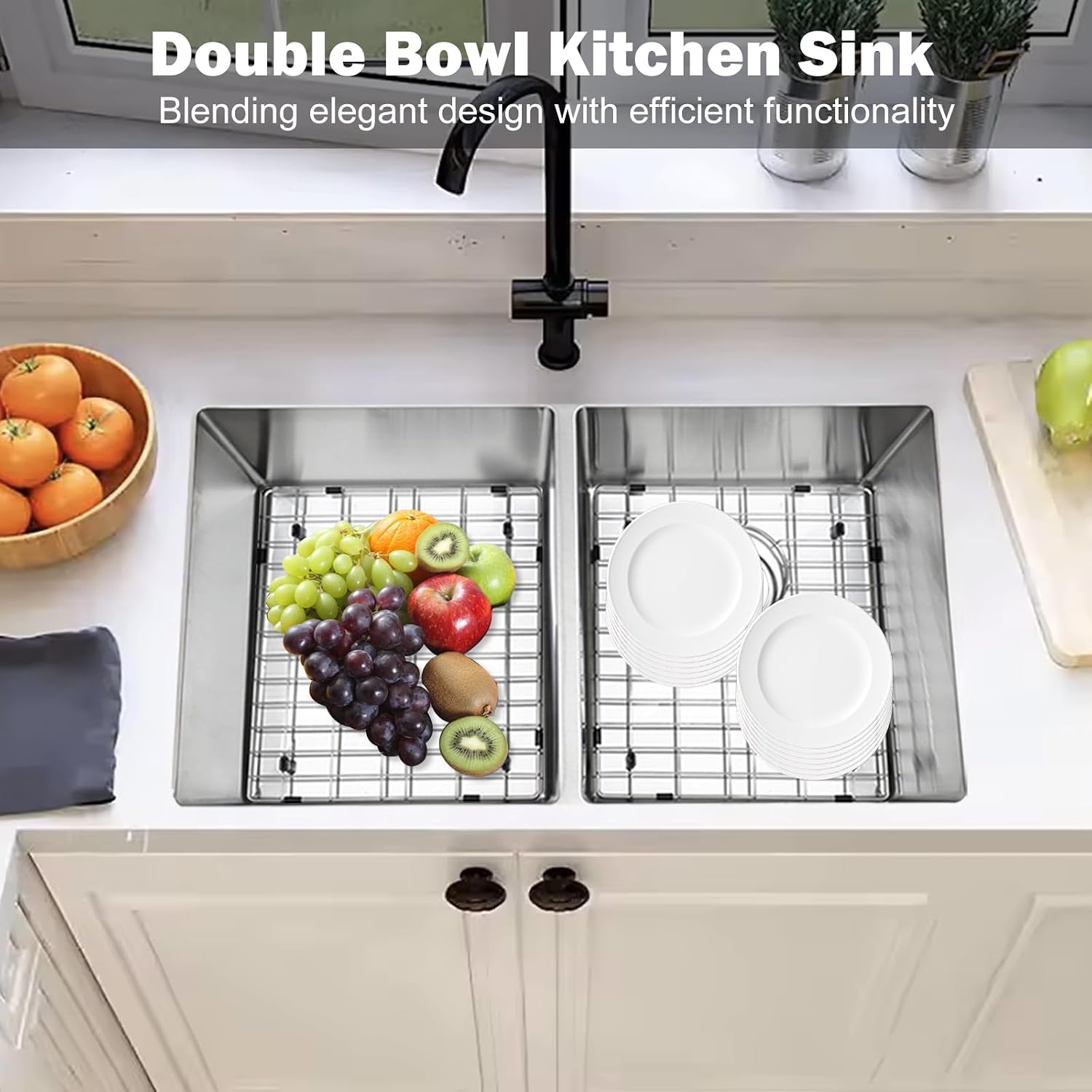 SANYCASA 33 Inch Double Bowl Kitchen Sinks with Quick Drain Slope - 11 Gauge (3mm) 304 Stainless Steel Undermount Kitchen Sink with Accessories